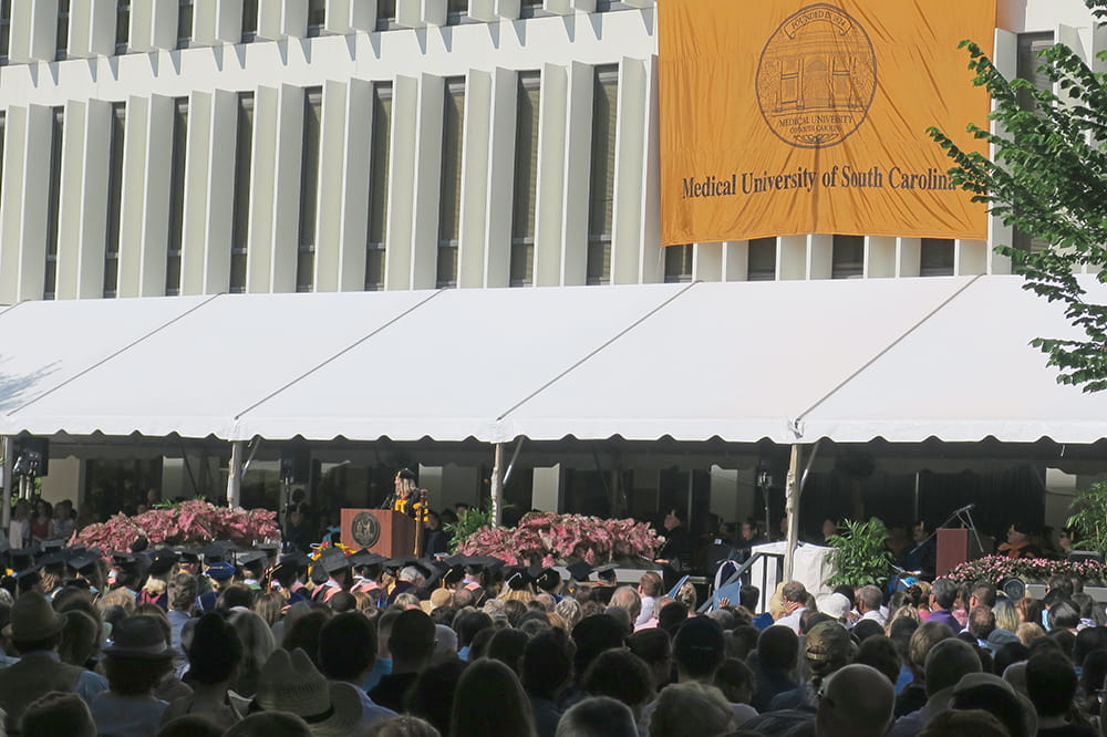 Crowd shot of commencement speech