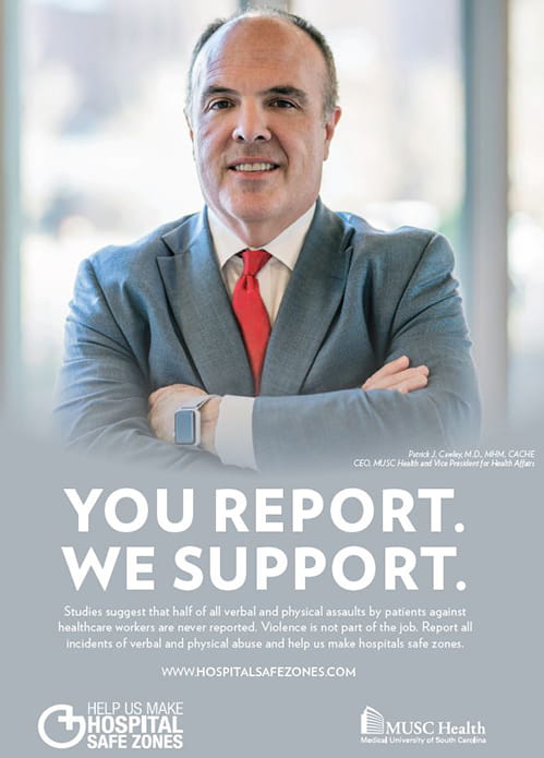 Dr. Pat Cawley appears on a workplace violence poster