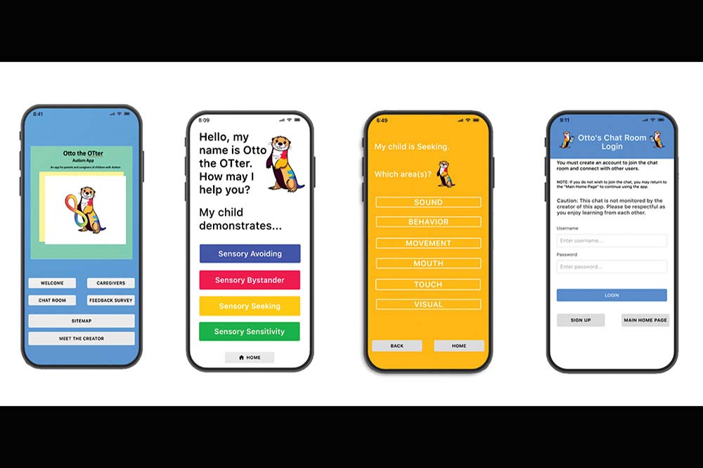 Four pictures of a screen showing Otto the OTter app.